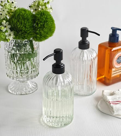 JASAI 2PACK 18Oz Simple Glass Soap Dispensers with Black Rust Proof Pump | Refillable Kitchen soap Dispenser with Vertical Stripe, Bathroom Soap Dispenser for Bathroom Hand soap, Dish Soap, Lotion - color: Clear-black Pump-2p, size: 2 Pack