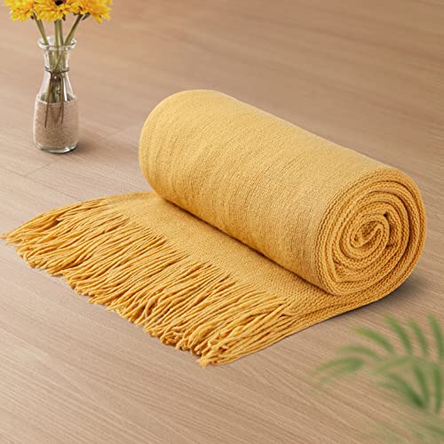 Vonty Mustard Yellow Knitted Throw Blanket with Tassels, 50x60 Acrylic | Super Soft And Lightweight, Year-Round Cozy Warmth, Farmhouse Decorative Style, Machine Washable, for Couch, Sofa or Bed - color: Yellow, size: 50" x 60"