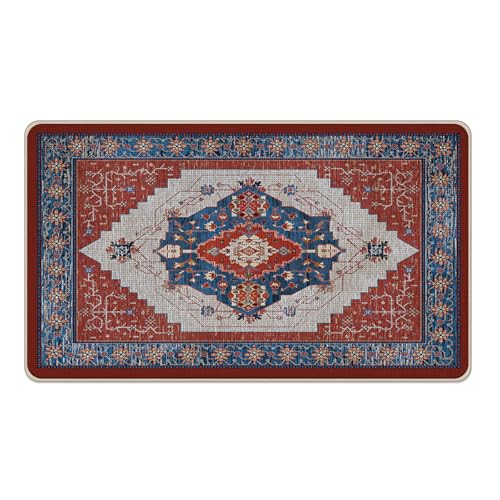 Boho Vintage Floral Welcome Front Door Mat, Retro Red Blue Flower Decorative Doormat Non-Slip Floor Entryway Rug, Geometric Low Profile Indoor Outdoor Home Kitchen Decor 17x29 Inches - color: Vintage