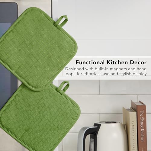 KITCHENAID Gourmet Series Gridlines Pot Holders 2-Pack Set, Heat Resistant up to 600°F, Soft Silicone Grip, Magnetic Cuff, Matcha Green, 8"x8" - color: Matcha Green