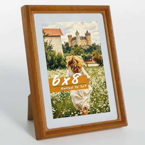 Handmade Solid Teak Wood 6x8 Picture Frame with Real Glass, Photo Frame with Mat Fits 5x7 Photo, Tabletop & Wall Mount Display for Home Decor & Festival Gift - color: Teak, size: 6×8
