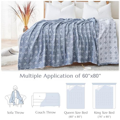 jinchan 100% Cotton Muslin Blanket Twin Boho Throw Blanket 60x80 Denim Blue | 3-Layer, Geometric Cross Quilt, Cooling Breathable Lightweight, for Adult, Soft, Reversible, Summer, Couch, Sofa, Bedroom - color: B. Cross Blue, size: 60"x80"