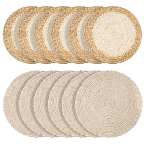Handmade Round Boho Placemats Set of 6 | Natural Woven & Polyester Braided Combo Table Mats | 12-Piece Versatile Place Mats | Simple Rustic Farmhouse Style Dining Table Decor, Beige Bordered - color: Beige Bordered