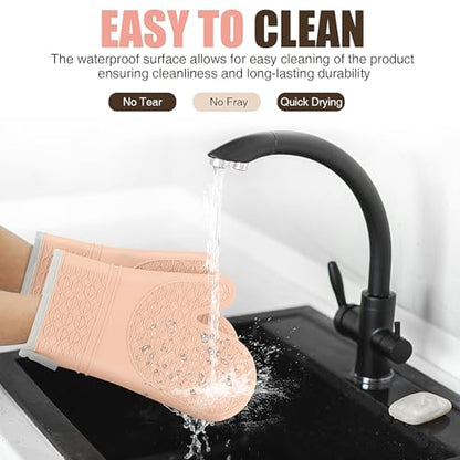 Silicone Oven Mitts, Heat Resistant 2PCS Oven Mitts with Soft Cotton Lining, Waterproof Non-Slip Grip Oven Glove, Kitchen Potholder Mits for BBQ, Baking, Cooking, 12.5 Inch - Pink - color: Pink