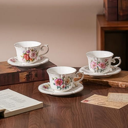 Ceramic Floral Cups with Saucers，7 oz Espresso Cups for Latte Coffee Cafe, Cappuccino and Tea (1, Camellia) - color: Camellia
