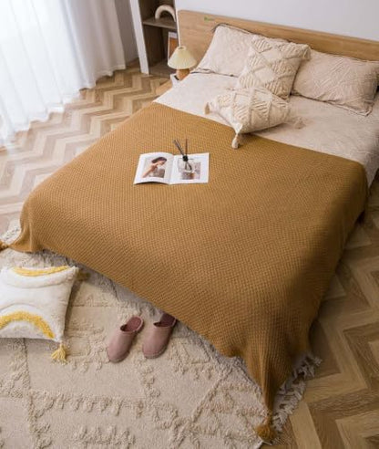 Waffle Knitted Blanket with Pom Pom Tassels,Throw for Bed Couch (Camel 28 * 91in) - color: Camel, size: 28*91in