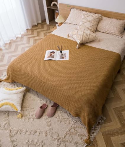 Waffle Knitted Blanket with Pom Pom Tassels,Throw for Bed Couch (A 28 * 102in) - color: A, size: 28*102in