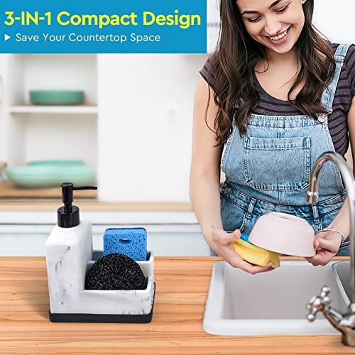 Dish Soap Dispenser with Sponge Holder,White Marble Look Liquid Hand and Dish Soap Dispenser and Spong Caddy with Brush Holder 3 in 1 Countertop Organizer for Kitchen Sink and Bathroom,White - color: White Marble Look