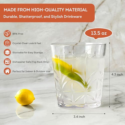 Lily's Home Unbreakable Premium Drinking Glasses Set of 4, Plastic Cups, Reusable Drinkware, Tumblers Water Cups, Shatterproof & Stackable, Indoor & Outdoor, 3.5in×3.9in, 13.5oz. Made in Taiwan. - size: 13.5 Ounces (Crystal)