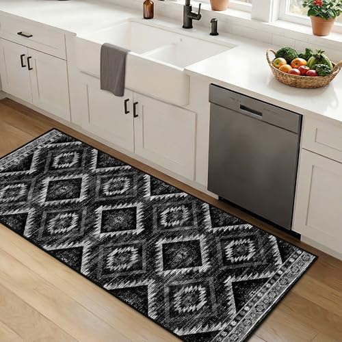 2'x5'Washable Area Rug for Living Room Runner Black | Soft Western No Slip Low Pile Print Foldable Indoor Small Rug for Kitchen entrance entryway hallway - color: Black, size: 5' x 2' (Rectangular)