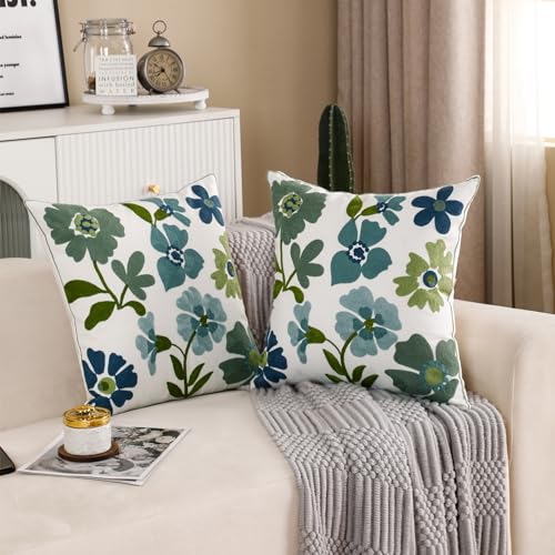 Embroidered Throw Pillow Covers 18x18 inch Pack of 2 Blue Blossoms | Durable Fabric,Square Pillow Cover,Boho Decorative,Hidden Zipper,Aesthetic Design,Ideal Gift,Machine Washable - color: Blue Blossoms
