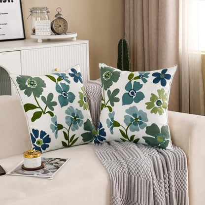 Embroidered Throw Pillow Covers 18x18 inch Pack of 2 Blue Blossoms | Durable Fabric,Square Pillow Cover,Boho Decorative,Hidden Zipper,Aesthetic Design,Ideal Gift,Machine Washable - color: Blue Blossoms