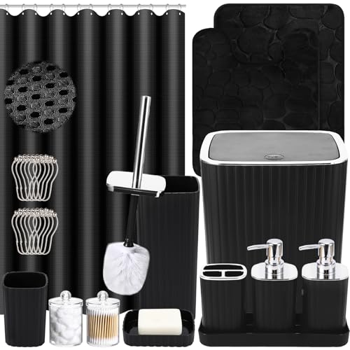XLHOMO Bathroom Set with Shower Curtain and Rugs- 25PC Bathroom Accessory Set, Black Bathroom Set, Toilet Brush, Trash Can, Qtip Holder & Soap Dispenser - size: Bath Set+Shower Curtain+Rugs, style: Black&Silver