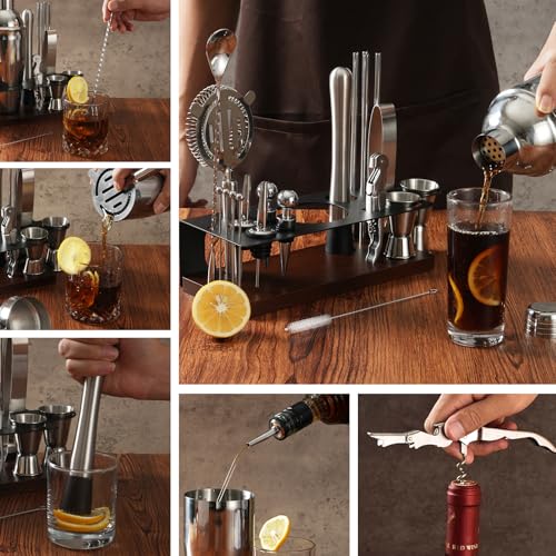 23-Piece Cocktail Shaker Set with Stand, 304 SS, Bartender Kit Gift | Complete Home Bar Set: Leak-proof Shaker, Jigger, Muddler, 18/8 Steel, Gift for beginners, cocktail lovers & house parties - color: Chocolate