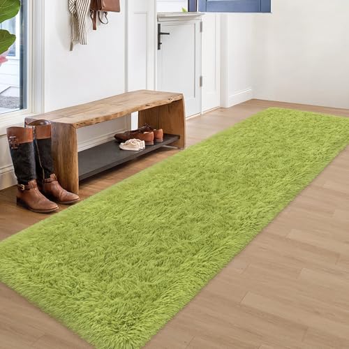 2x8 Bedside Area Rugs for Bedroom Soft Fluffy Shag Green Rug for Hallway Non-Slip Fuzzy Plush Living Room Rug Indoor Floor Carpet for Kids Rooms Dorm Nursery Modern Home Aesthetic Decor - color: Grassgreen, size: 2' x 8' (Runner)