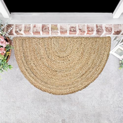 Hand Woven Natural Jute Braided Rug -18x30 Inch Half Round | Vintage Boho Reversible Doormat for Entryway, Front Door | Farmhouse Natural Fiber Rugs for Bedroom, Kitchen, Living Room - size: 1'6" x 2'6" (Semicircular)