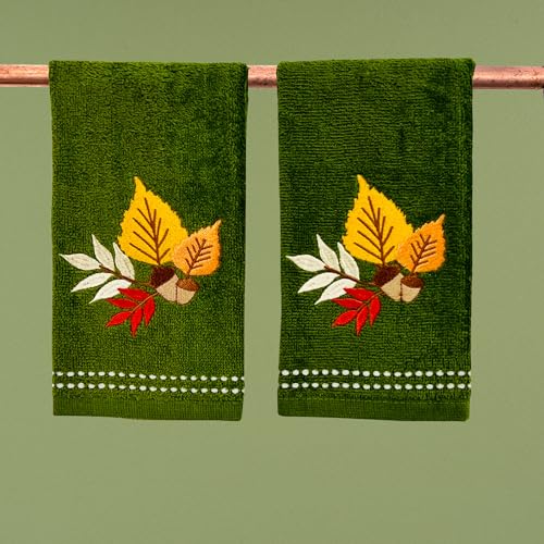 Autumn Fall Bath Fingertip Towels, Forest Olive Dark Green, 100% Cotton, Embroidered Fall Foliage Leaf Design, 2 Piece Set, 12" x 18" - color: Fall Foilage