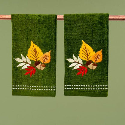 Autumn Fall Bath Fingertip Towels, Forest Olive Dark Green, 100% Cotton, Embroidered Fall Foliage Leaf Design, 2 Piece Set, 12" x 18" - color: Fall Foilage