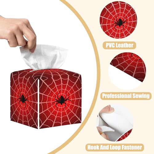 Spider Web Tissue Box Cover Square, Tissue Box Holder with Bottom Belt Leather Facial Paper Organizer Dispenser for Bathroom Bedroom Dresser Night Stand Tabletop - color: Spider Web