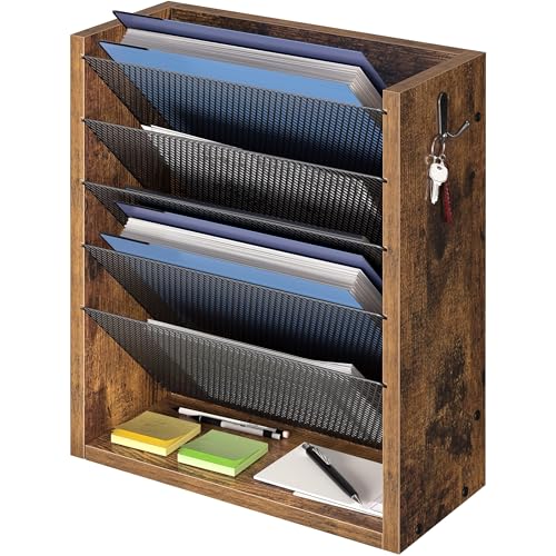 Mail Organizer Wall Mounted, 6-Slot Hanging File Organizer with Key Holder | Mail Sorter, Wood Letter Holder for Envelopes Bills Magazine Folders Papers Accessories for Home Office, Rustic Brown - color: Rustic Brown （wall Mount）