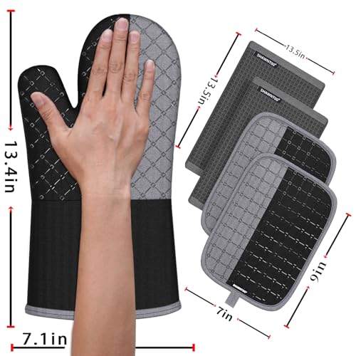 Oven Mitts and Pot Holders Sets 6pcs, Kitchen Oven Glove,High Heat Resistant 550 Degree Extra Long Oven Mitts and Potholders with Non-Slip Silicone Surface for Home Essentials (Grey) (Matte Black) - color: Black