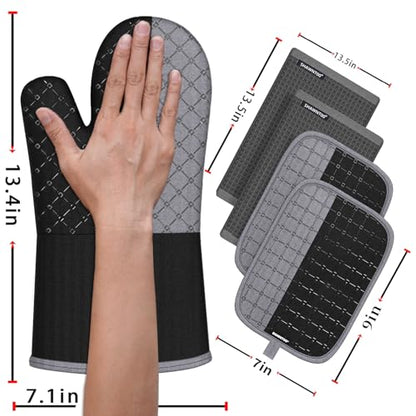 Oven Mitts and Pot Holders Sets 6pcs, Kitchen Oven Glove,High Heat Resistant 550 Degree Extra Long Oven Mitts and Potholders with Non-Slip Silicone Surface for Home Essentials (Grey) (Matte Black) - color: Black