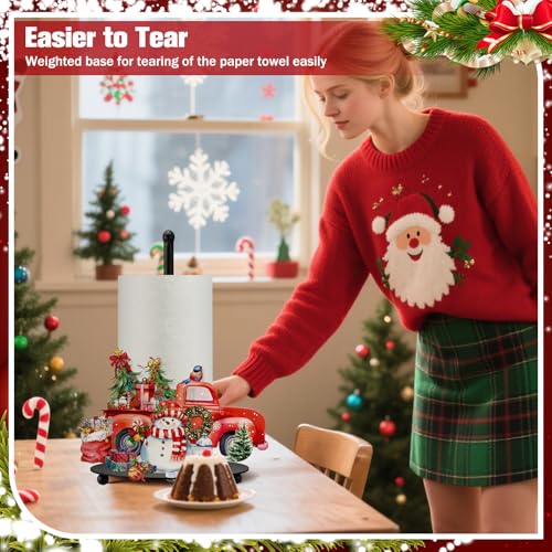 Christmas Paper Towel Holder Red Truck Countertop Kitchen Decor and Accessories Black Metal Farmhouse Large Tissue Stand Gifts for Christmas Party, 3D Hand Painting Pattern, Weighted Base - style: Christmas Truck