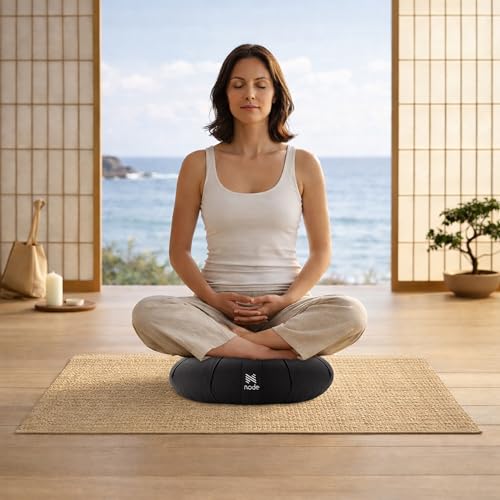 Zafu Meditation Cushion, 15" Round Buckwheat Yoga Pillow with Organic Cotton Cover - color: Black