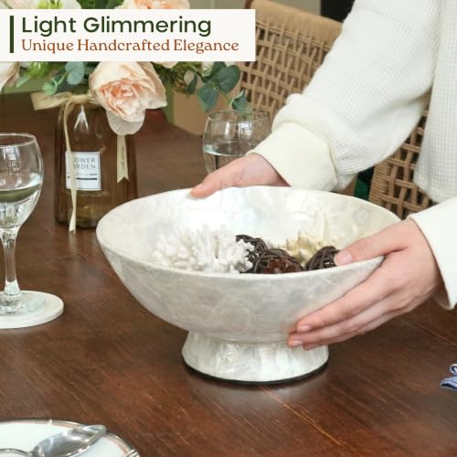 11” White Capiz Shell Decorative Bowl, Large Footed Centerpiece Bowl for Kitchen Island Decor, Modern Farmhouse Fruit Bowl for Entryway & Home Décor Accents