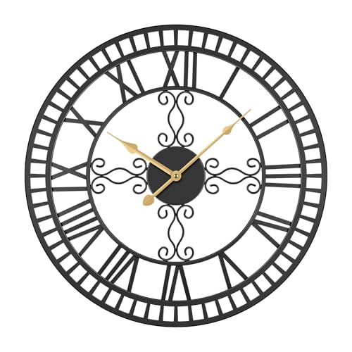 20" Large Wall Clock, Big Clock for Living Room Decorative, Black Large Wall Clocks Battery Operated with Metal Roman Numeral, Completely Silent, Non-Ticking for Bedroom, Kitchen,Fireplace - size: 20 inch