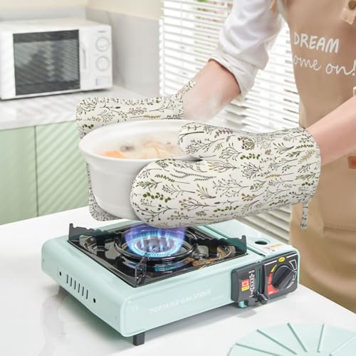 Colorful Wildplants Oven Mitts and Pot Holders Sets Silicone Wildflowers Kitchen Oven Mitts Hot Pads Heat Resistant Beige Potholders Kitchen Mitts Set for Baking BBQ Cooking - color: Beige Yellow