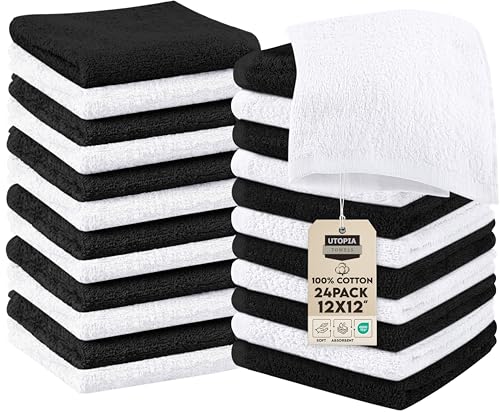 Utopia Towels 24 Pack Washcloths, 12x12 in, 100% Cotton, Variety | Premium 100% Ring Spun Cotton Face Cloths - Highly Absorbent, Fast Drying Soft Feel Fingertip Towels for Daily Use - color: Black, White