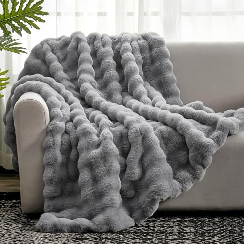 Cozy Bliss Faux Fur Throw Blanket for Couch, Fuzzy Soft Plush Thick Bubble Blanket for Sofa Bedroom Living Room,50 * 60 Inches Light Grey - color: Grey, size: Throw(50" x 60")