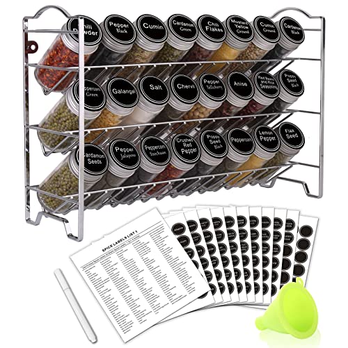 SWOMMOLY Spice Rack Organizer with 24 Round Spice Jars, 396 Spice Labels | Chalk Marker, Funnel Set for Cabinet, Countertop, Pantry, Cupboard or Door & Wall Mount - 24 Jars, 14.8" W × 9.8" H, Silver - color: Silver