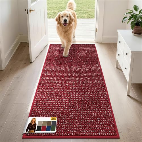 JSEI Door Mat for Entrance, TPR Non-Slip Backing, 24"x60", Red | Washable Low Profile Doormat for Front Door & Back Door, Absorbent Dirt-Trapping Entryway Rugs for Wet Shoes & Dirty Paws - color: Red, size: 24'' X 60''