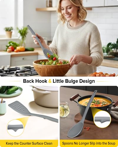 Pack of 4 Silicone Cooking Utensils Set, Non Stick Solid Spatulas and Heat Resistant Slotted Spoons with Back Hooks, Ideal BPA Free Kitchen Utensils Set for Frying,Serving,Turning,Stirring (GRAY) - color: Gray