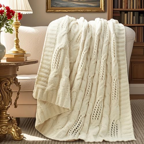 Chunky Knit Throw Blanket, Dual-Sided Soft Chenille Breathable Cable Knitted Blanket for Couch, Farmhouse Decorative Throw for Sofa & Chair, 60"x80", Ivory - color: Ivory, size: Cable Knit 60"x80"