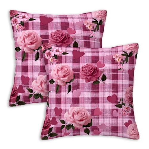 Pink Rose Heart Throw Pillow Covers 18x18 Set of 2 | Romantic Plaid Cushion Cases | Decorative Pillow Covers for Couch Sofa Bedroom Living Room - color: Gingham Rose