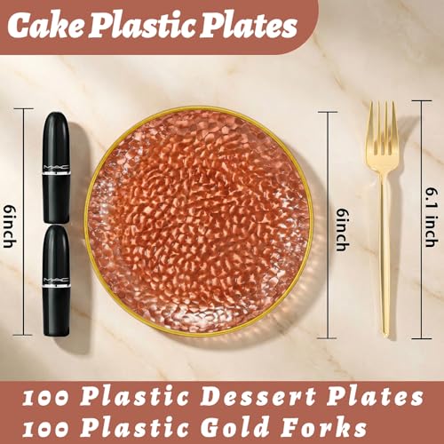 Rubtlamp 200Pcs Brown Plastic Dessert Plates with Gold Rim, 6inch Fancy Amber Plastic Plates Include 100 Hammered Appetizer Plates and 100 Disposable Gold Forks for Party Wedding Birthday - color: Brown gold