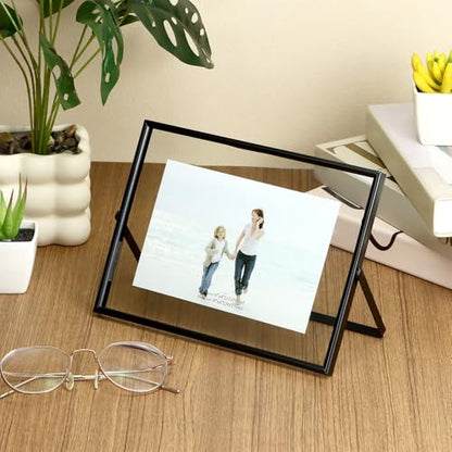 QWORK 6x8 Inch Black Floating Picture Frame Horizontal, Fits 5x7 4x6 3x5 Photos, Glass Double Panel Metal Frame for Tabletop Display