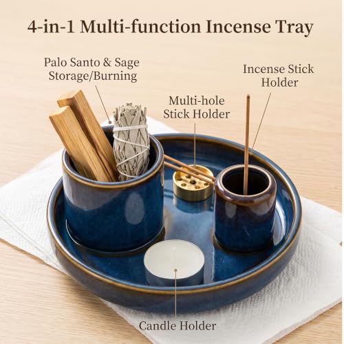 4 in 1 Ceramic Incense Holder, Multi-Function Incense Stick Palo Santo Sage Burner, Ash Catcher Tray for Meditation Yoga Room, Blue, 4.25 Inch