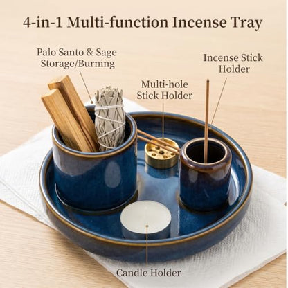 4 in 1 Ceramic Incense Holder, Multi-Function Incense Stick Palo Santo Sage Burner, Ash Catcher Tray for Meditation Yoga Room, Blue, 4.25 Inch