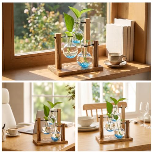 Plant Propagation Station，Hydroponic Glass Bulb Vase with Wooden Stand Decorative Propagation Stations with Blue Glass Beads for Home Desk Office Gardening Gifts for Mom Women Plant Lovers