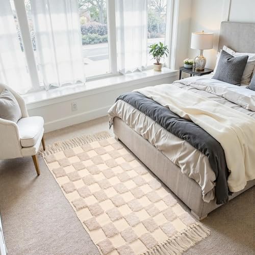 Boho Bathroom Rugs with Tassels Beige Checkered Runners for Hallways Cotton Tufted Rug Mat 2'x6' - color: Checkered Cream, size: Runner(2'x6')