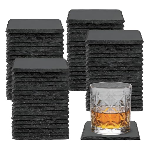 68 Pcs 4 Inch Square Black Slate Coasters Bulk for Laser Engraving | Natural Slate Stone Coasters, Laser Engraving Blanks, Anti-scratch Bottom, DIY Craft, Office Bar Home Dinner Table Decor - size: 68 Square Coasters