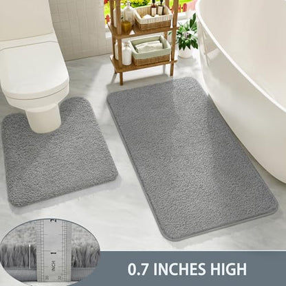 Gray Bathroom Rug Set 2 Piece Bath Mat 21x34'' &U Shape Toilet Rug 21x21'' | Absorbent,Washable,Non Slip Bathroom Rugs Sets,Contour Mat for Toilet - color: Grey