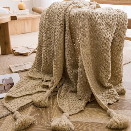 Waffle Knitted Blanket with Pom Pom Tassels,Throw for Bed Couch (Beige 28 * 91in) - color: Beige, size: 28*91in