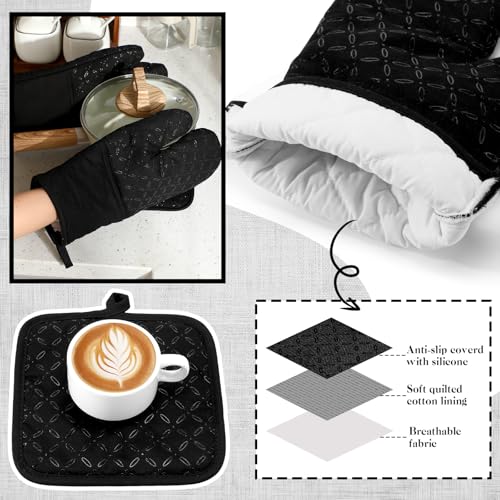 LemonRoad 12 Pcs Oven Mitts Kitchen Towels Dishcloths with Pot Holders Sets Dish Towels Sets Oven Gloves Heat-Resistant Pot Pads with Silicone for Kitchen Cooking Baking(Black) - color: Black