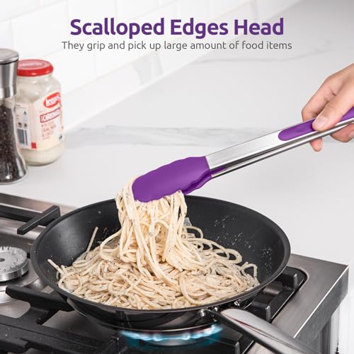 U-Taste 600ºF High Heat-Resistant Non-Stick Kitchen Cooking Tongs Set of 2, and Upgraded 600ºF High Resistant Flexible and Sturdy Silicone Spatula Set of 4 (Purple)