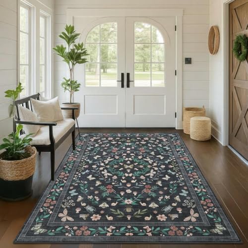 GarveeHome Wahsable 3x5 Non Slip Area Rugs for Bedroom Living Room Entryway | Vintage Low Pile Bedroom Carpet Foldable Stain Resistant Floral Bug Rug for Kids Room Nursery Dining Room Kitchen, Black - color: Black, size: 3'x5' (Rectangular)